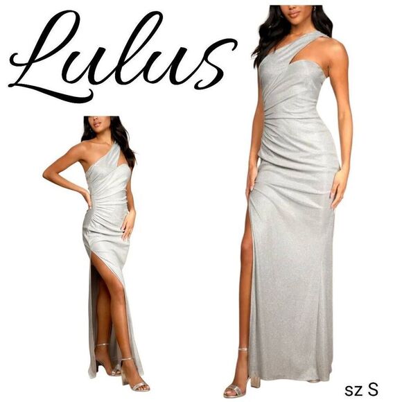 Sparkle Silver Glitter One-Shoulder Shiny Lurex High Slit Gown Long Maxi Dress - Picture 2 of 15